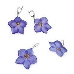 Earrings, pendant and ring with violet delphinium