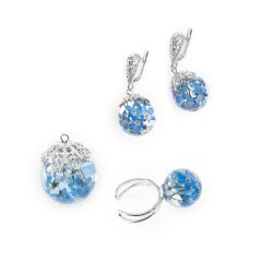 Earrings, pendant and ring with forget-me-not