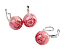 Earrings and ring with pink rose